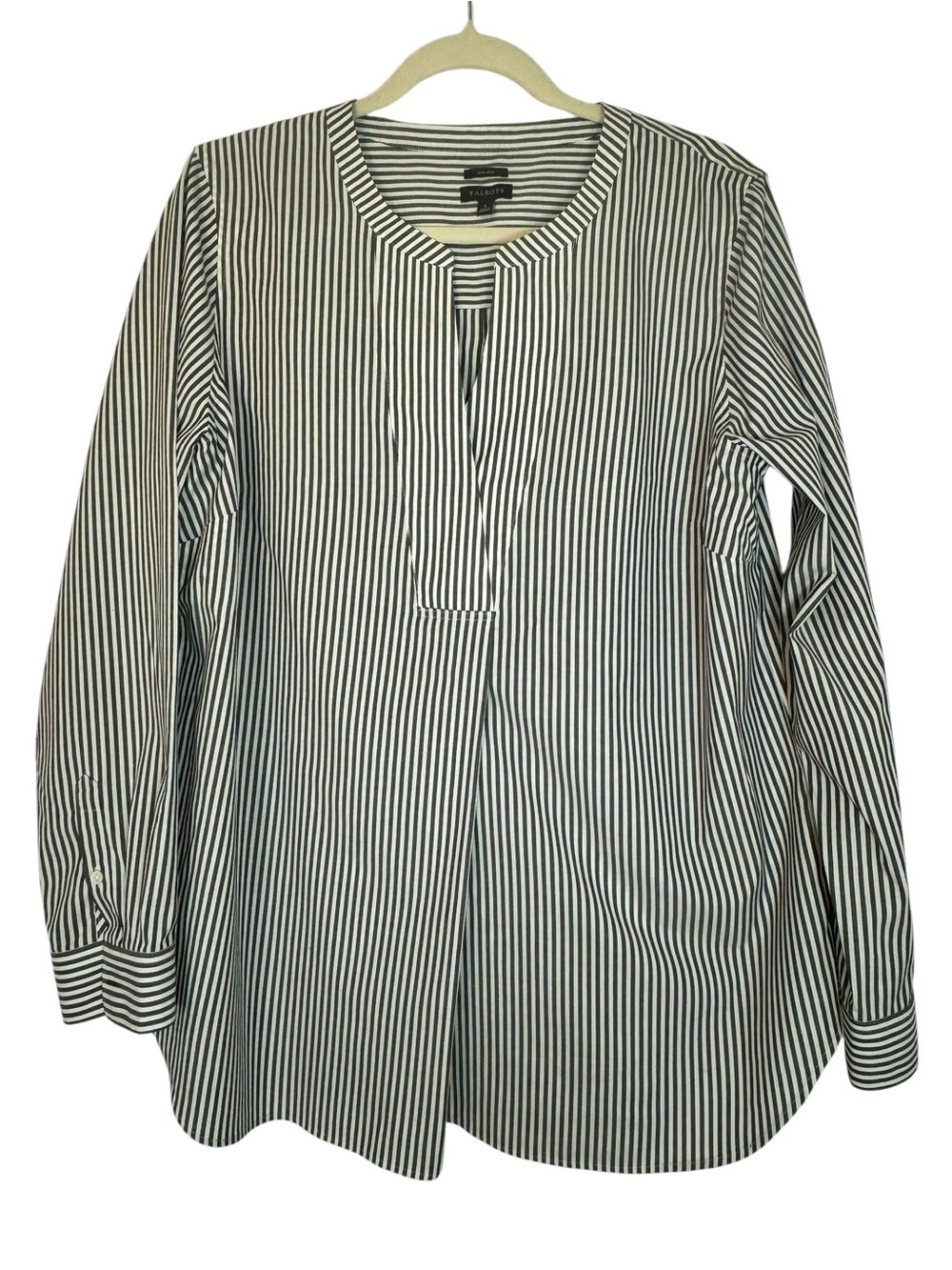 Talbots Black and White Striped Split Neck Large Top